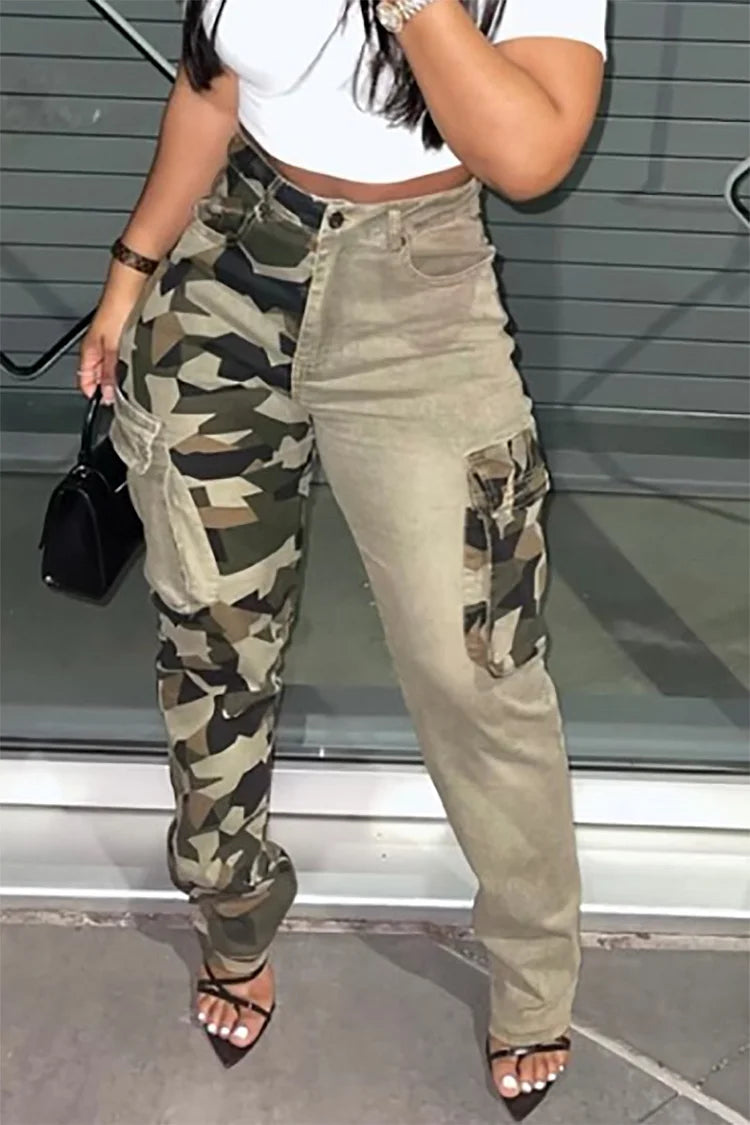 Plus Size Daily Camouflage Stitching Cargo Pants