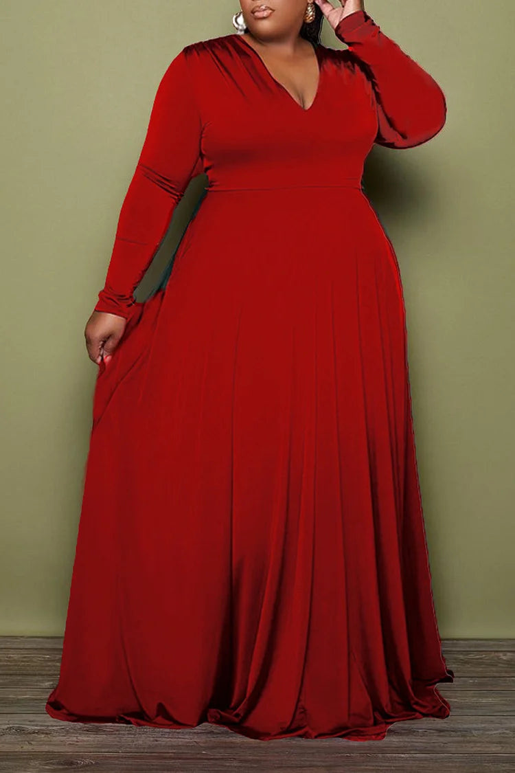 Plus Size Formal Burgundy Pleated V Neck Long Sleeve Maxi Dress