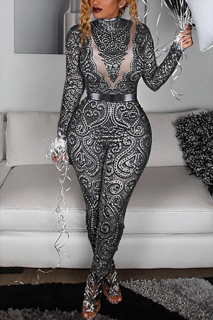 Plus Size Grey Party Mesh Sequin Print Jumpsuits