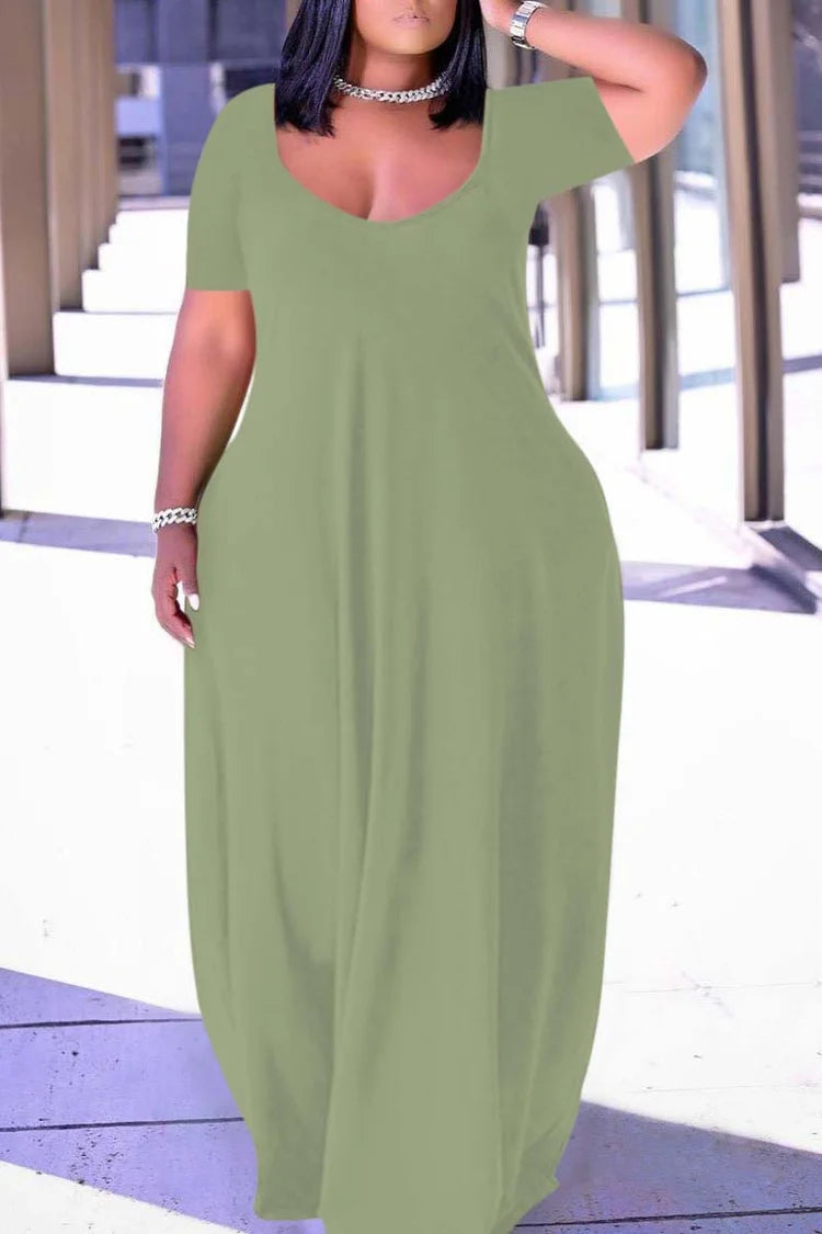 Plus Size Casual Green Short Sleeves Cocoon Summer Sun Maxi Dress Plus Size Casual Green Short Sleeves Cocoon Summer Sun Maxi Dress