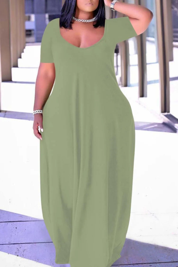 Xpluswear Plus Size Casual Green Short Sleeves Cocoon Summer Sun Maxi Dress