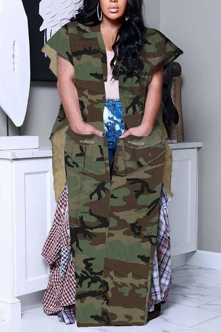 Plus Size Daily Camouflage Denim With Pocket Sleeveless Floor Length Outwear