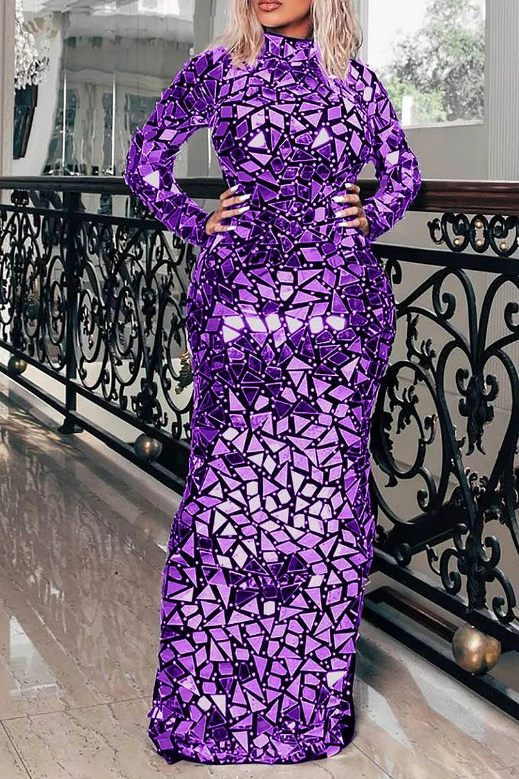 Plus Size Purple Party Mock Neck Long Sleeve Sequin Splicing Maxi Dress
