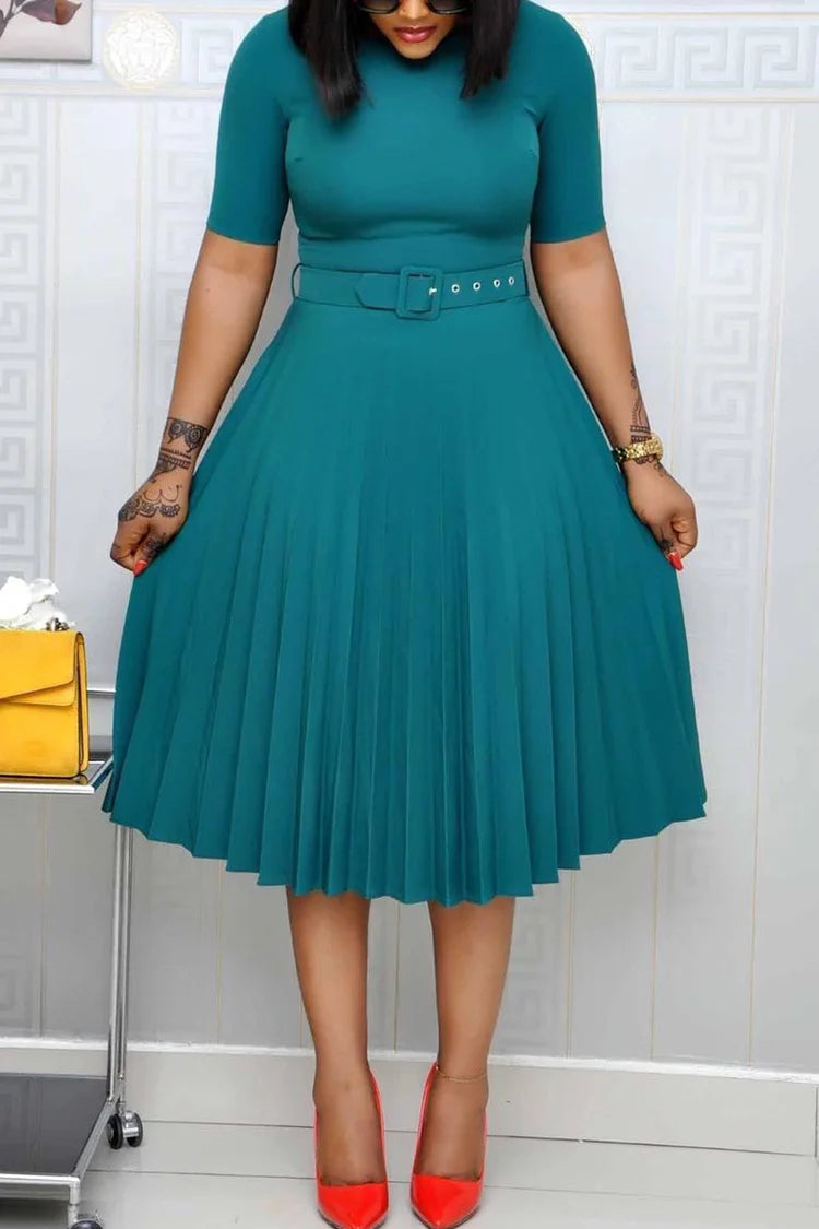 Plus Size Work A-Line Pleated Round Neck Midi Dress