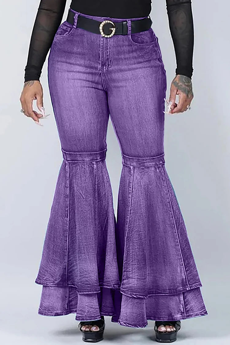 Plus Size Purple Denim With Pockets Ruffle Wide Leg Bell Bottom Jeans