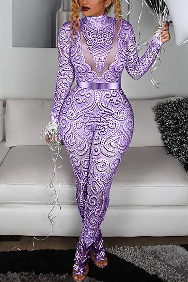 Plus Size Purple Party Mesh Sequin Print Jumpsuits