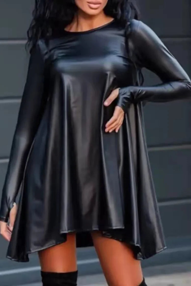 Plus Size Casual Black PU Leather Round Neck Long Sleeve Asymmetrical Hem High Low Mini Dress