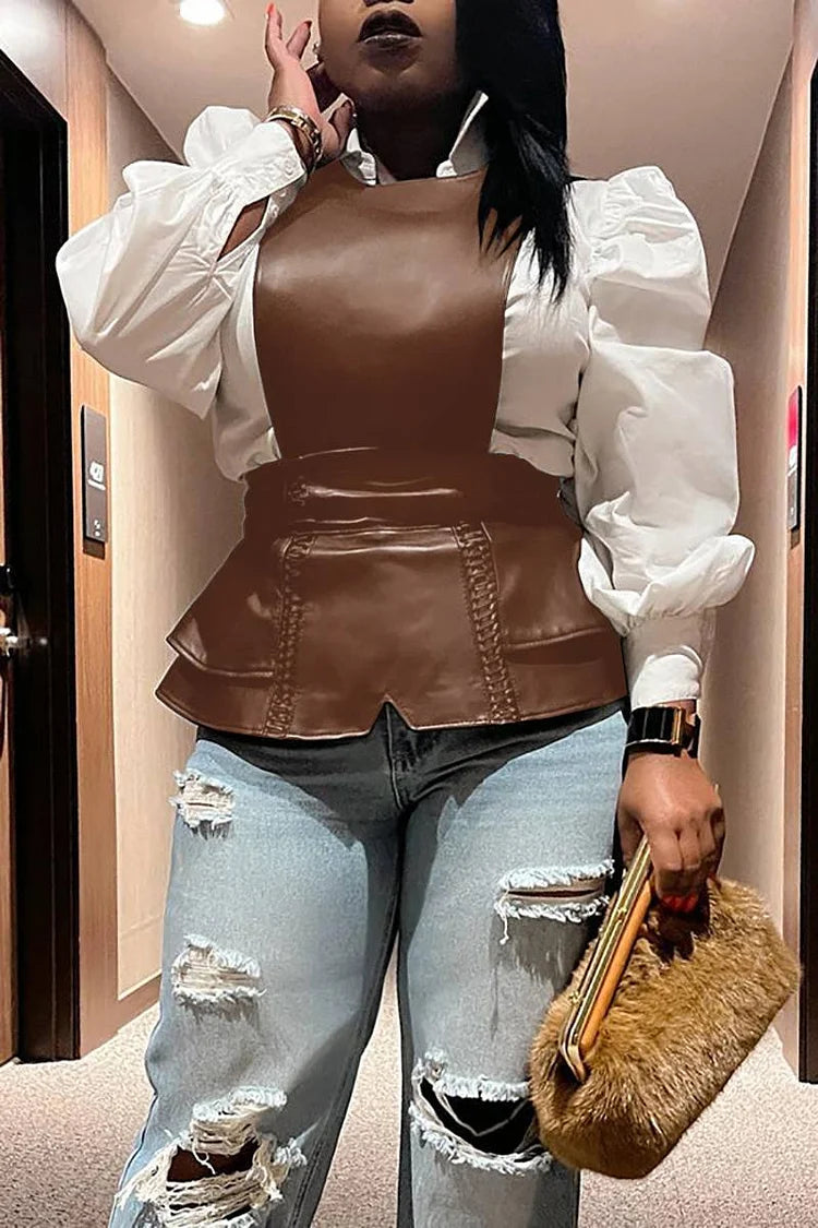 Plus Size Brown Daily Patchwork PU Leather Puff Sleeve Blouses