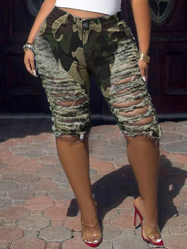 Xpluswear Plus Size Camouflage Print Ripped Skinny Distressed Denim Shorts