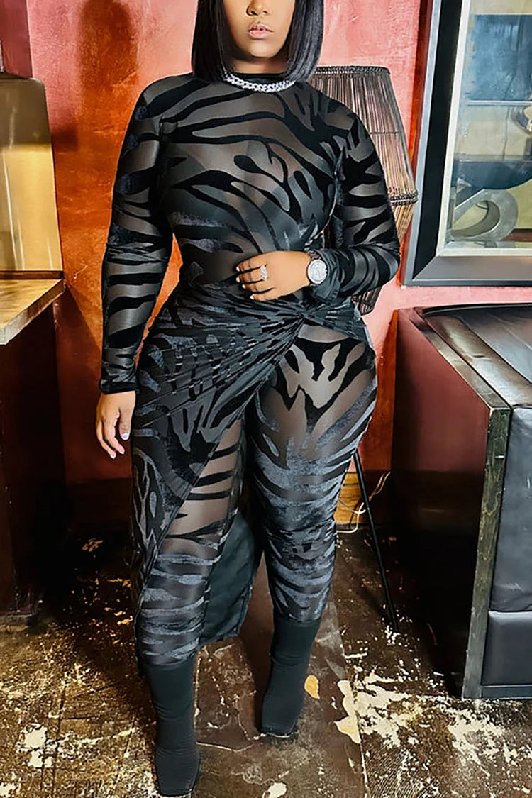 Plus Size Black Party Animal Print See-Through Mesh Long Sleeve Outfit Wrap Romper Skirt Jumpsuit Set