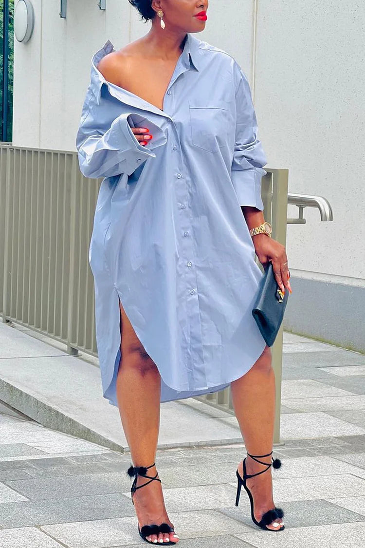 Plus Size Daily Shirt Collar Solid Color Split Loose Shirt Midi Dress