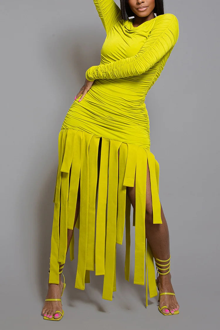 Plus Size Yellow Casual Fringe Ruched Maxi Dress