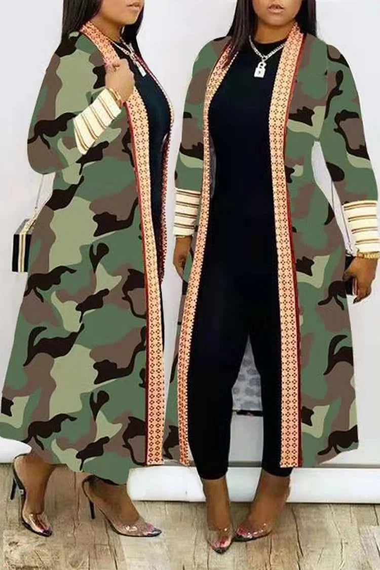 Plus Size Casual Camo Print Long Sleeve Ankle Length Outerwear Cardigan