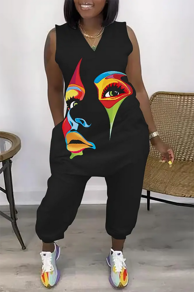 Plus Size Black Casual Abstract Figure Print Sleeveless Jumpsuit