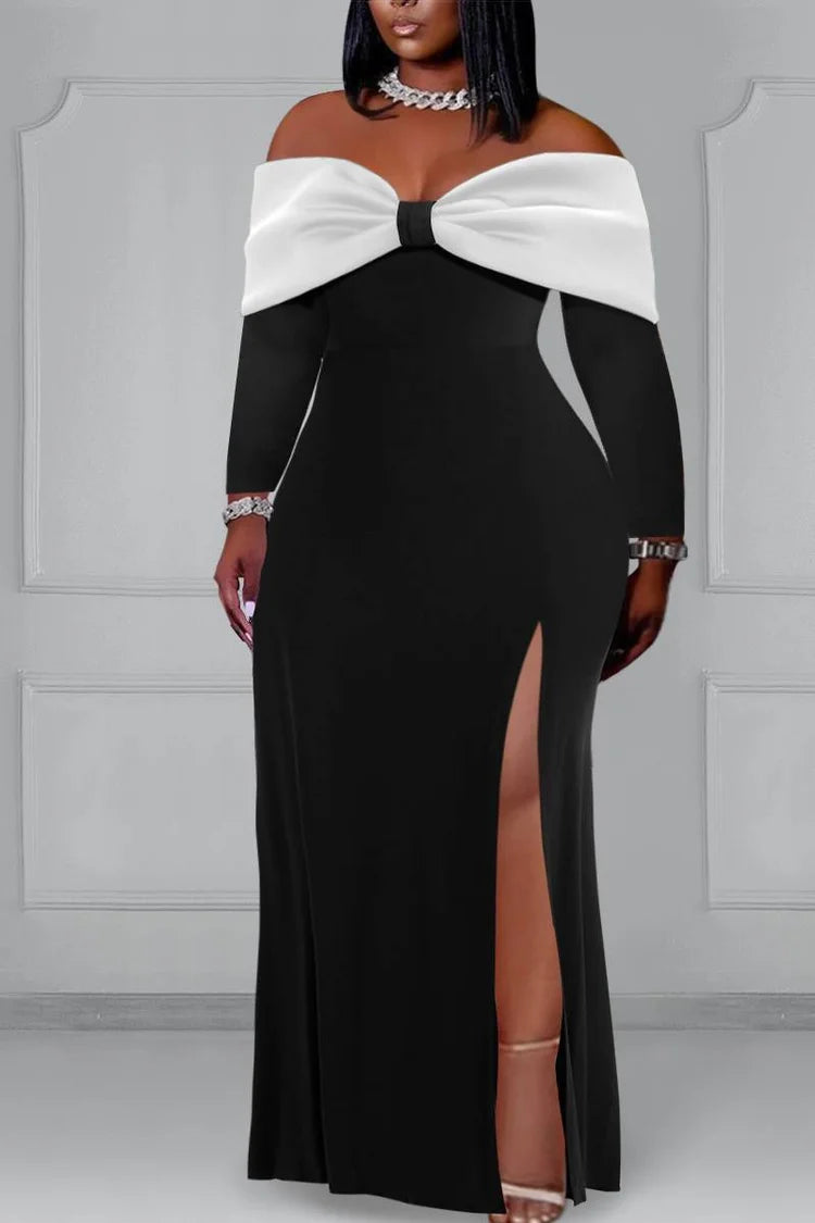 Plus Size Prom Off Shoulder High Split Long Sleeve Maxi Dress