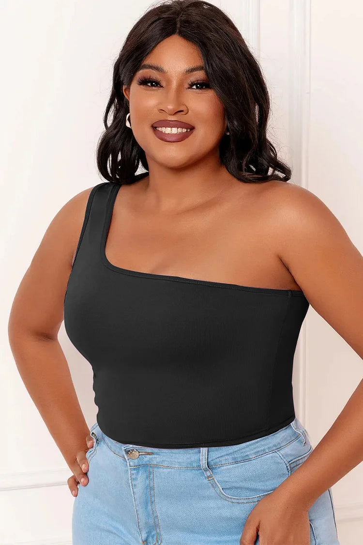 Plus Size Black Casual One Shoulder Sleeveless Tank Top