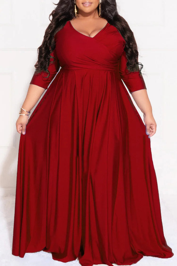 Plus Size Burgundy Casual V Neck A-Line Half Sleeve Maxi Dresses