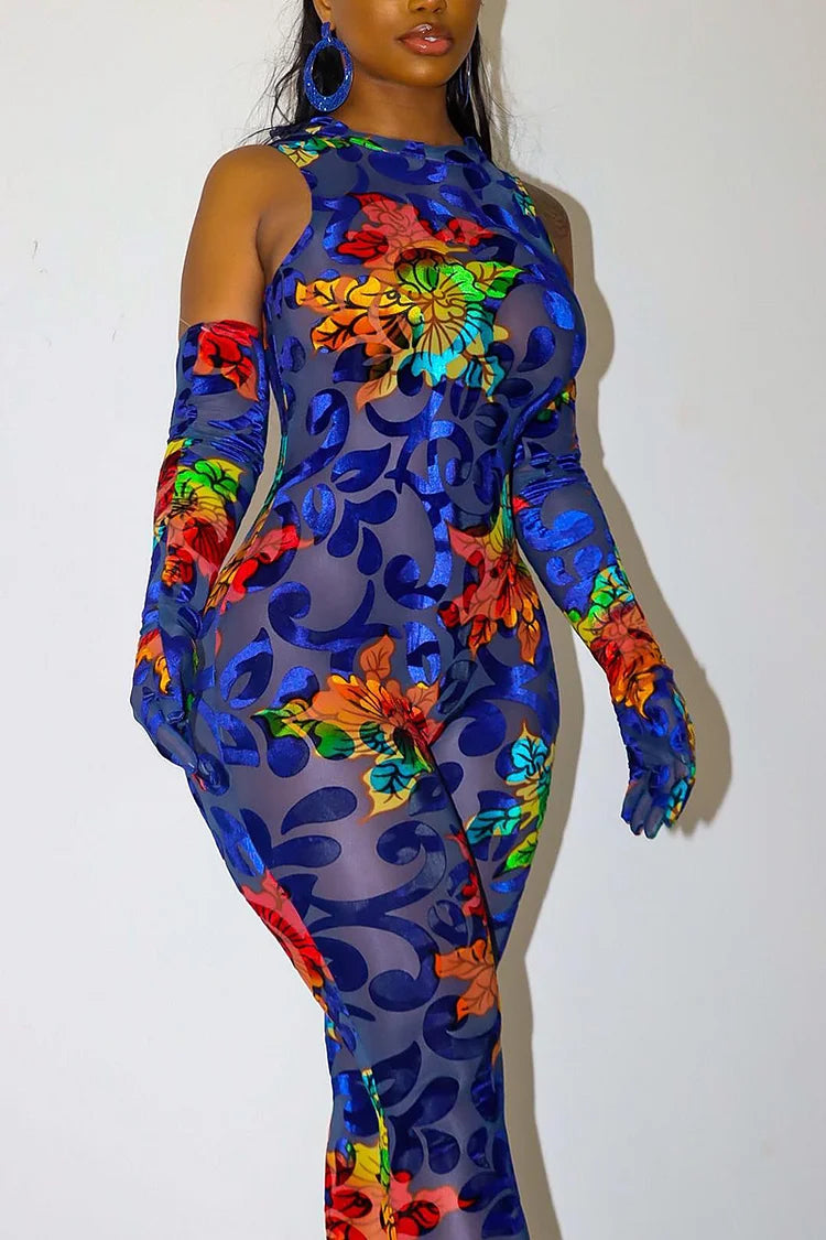 Plus Size Blue Party Mesh Floral Print Jumpsuits (With Gloves)