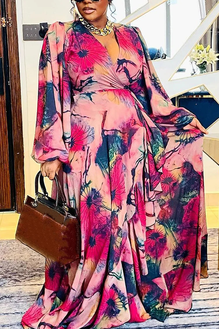 Plus Size Vacation Floral Print V Neck Ballon Sleeve Maxi Dress