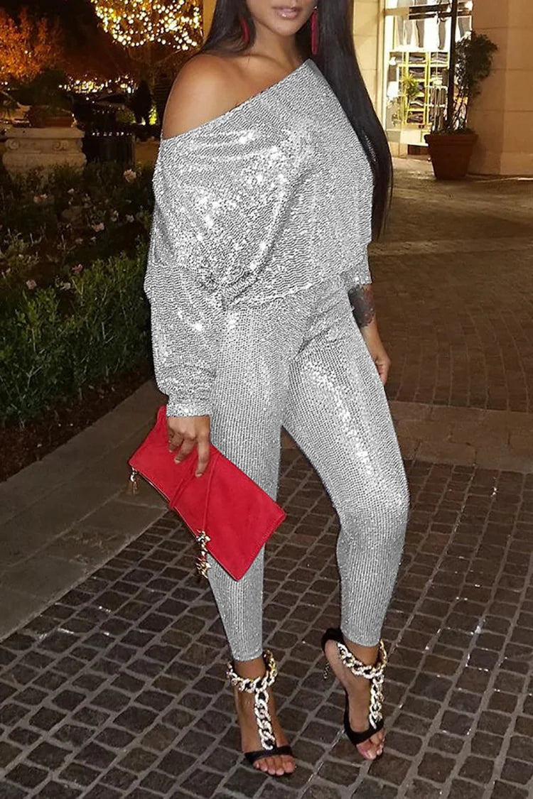 Plus Size Evening Off Shoulder Silver Sequin Long Sleeve Two Pieces Pants Set