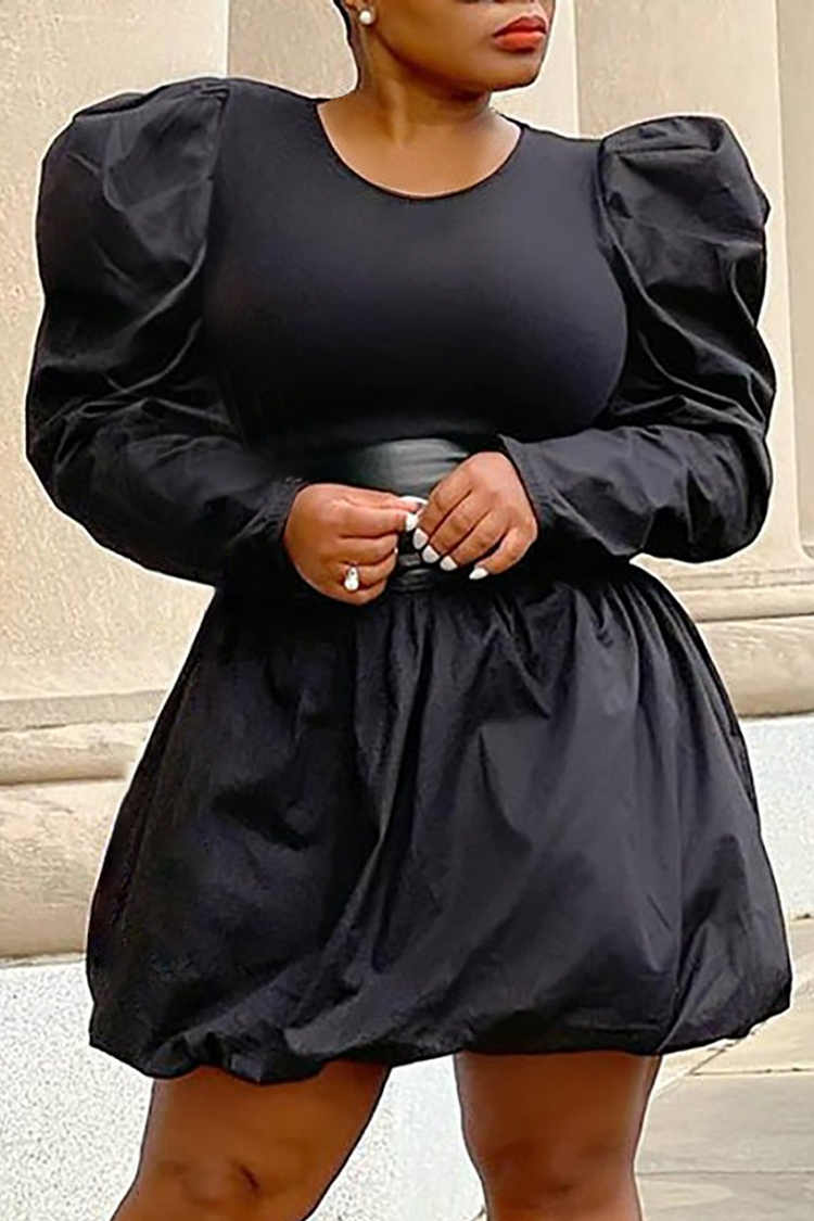 Plus Size Black Round Neck Puff Sleeve Waist Retraction Mini Dress