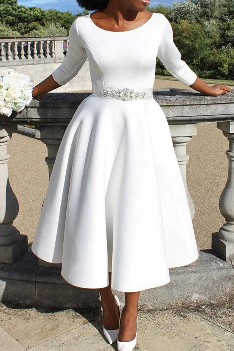 Plus Size White Formal Elegant Pleated A-Line Midi Dress (Without Belt)
