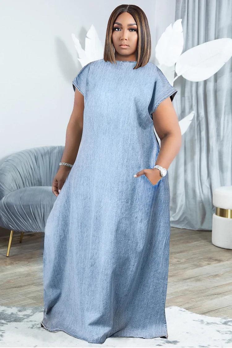 Plus Size Casual Round Neck Short Sleeve With Pocket Denim Maxi Dress