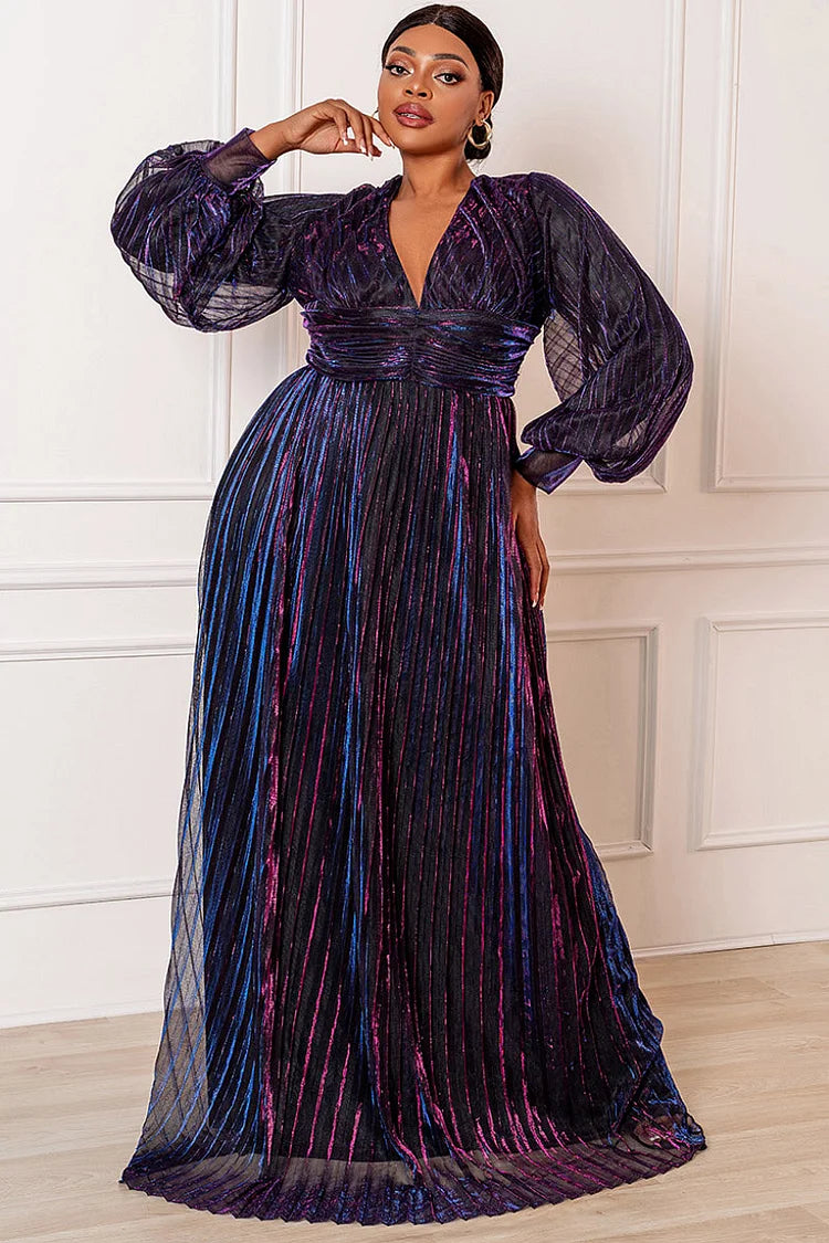 Plus Size Formal Multicolor Iridescent Pleated Metallic V Neck Puff Sleeves Maxi Dresses