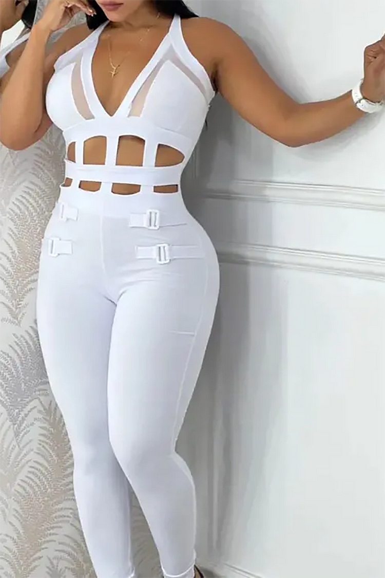 Plus Size White Daily Cut Out V-neck Sleeveless Jumpsuits