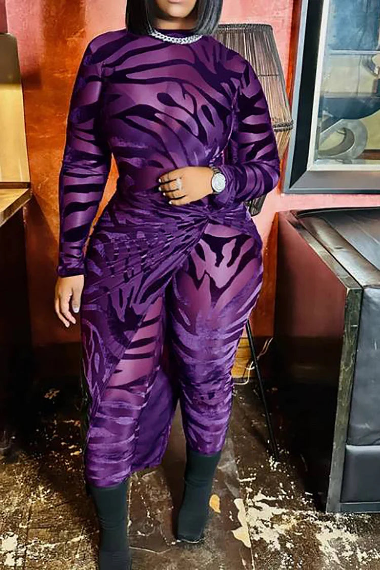 Plus Size Purple Party Animal Print See-Through Mesh Long Sleeve Wrap Skirt Jumpsuit Set