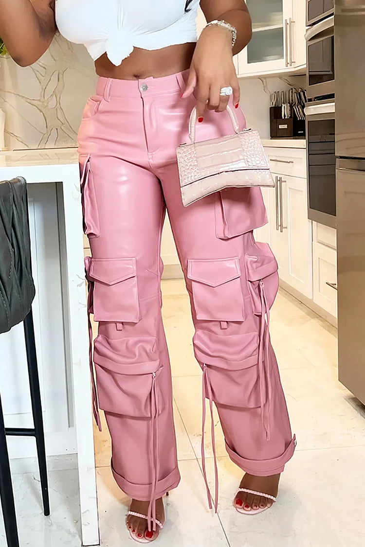 Plus Size Pink Daily PU Leather Casual Pockets Trousers Relaxed Fit Cargo Pants
