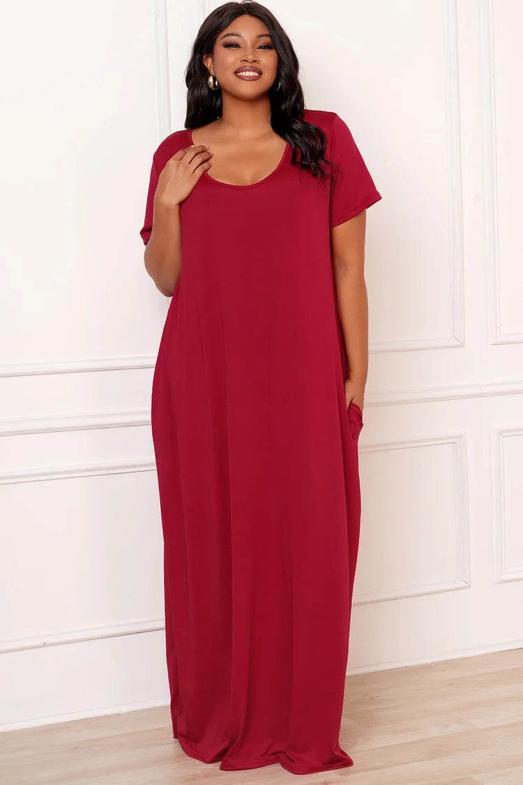 Plus Size Casual Burgundy Short Sleeves Cocoon Summer Sun With Pockets Maxi Dress