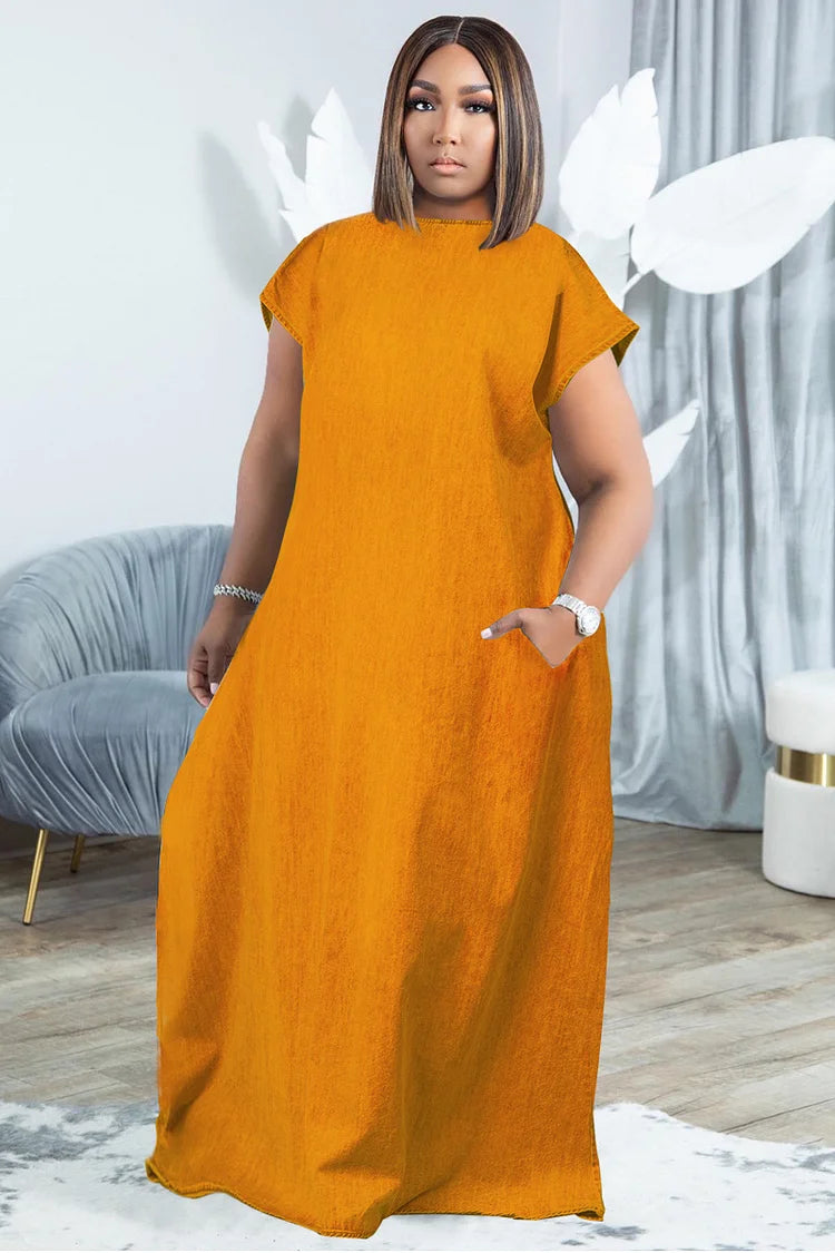 Plus Size Yellow Casual Round Neck Short Sleeve With Pocket Denim Maxi Dress