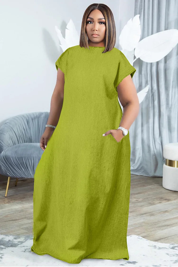 Plus Size Green Casual Round Neck Short Sleeve With Pocket Denim Maxi Dress