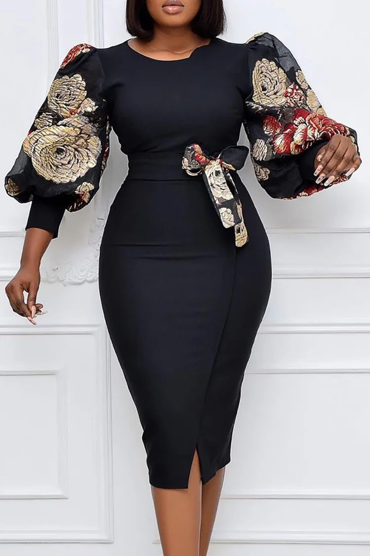 Plus Size Black Elegant Floral Print Lantern Sleeve Bow Midi Dress