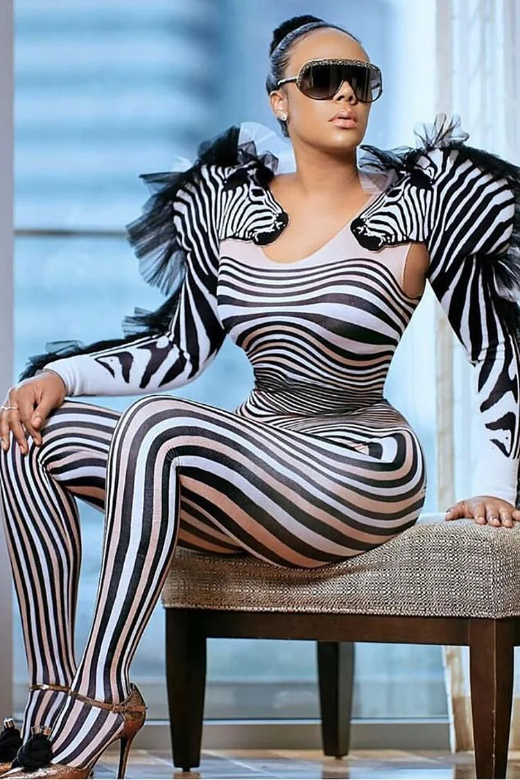 Plus Size Party Zebra Print Ruffle Cutout Jumpsuits