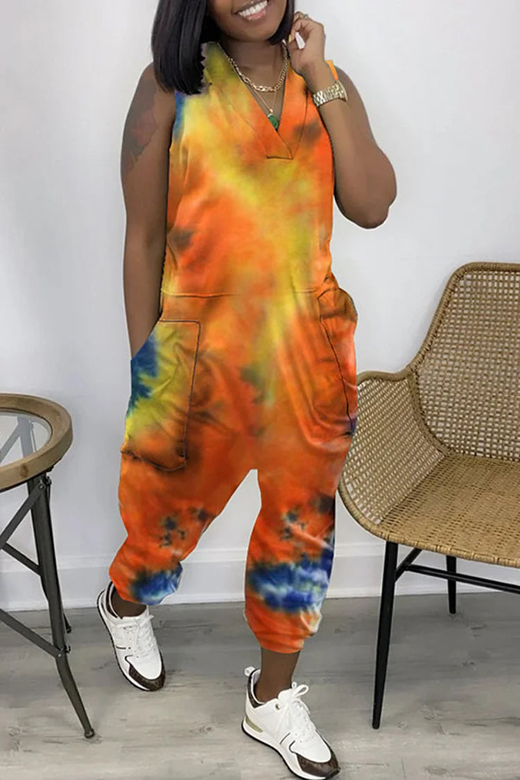 Plus Size Yellow Daily Tie Dye Pockets  Jumpsuits