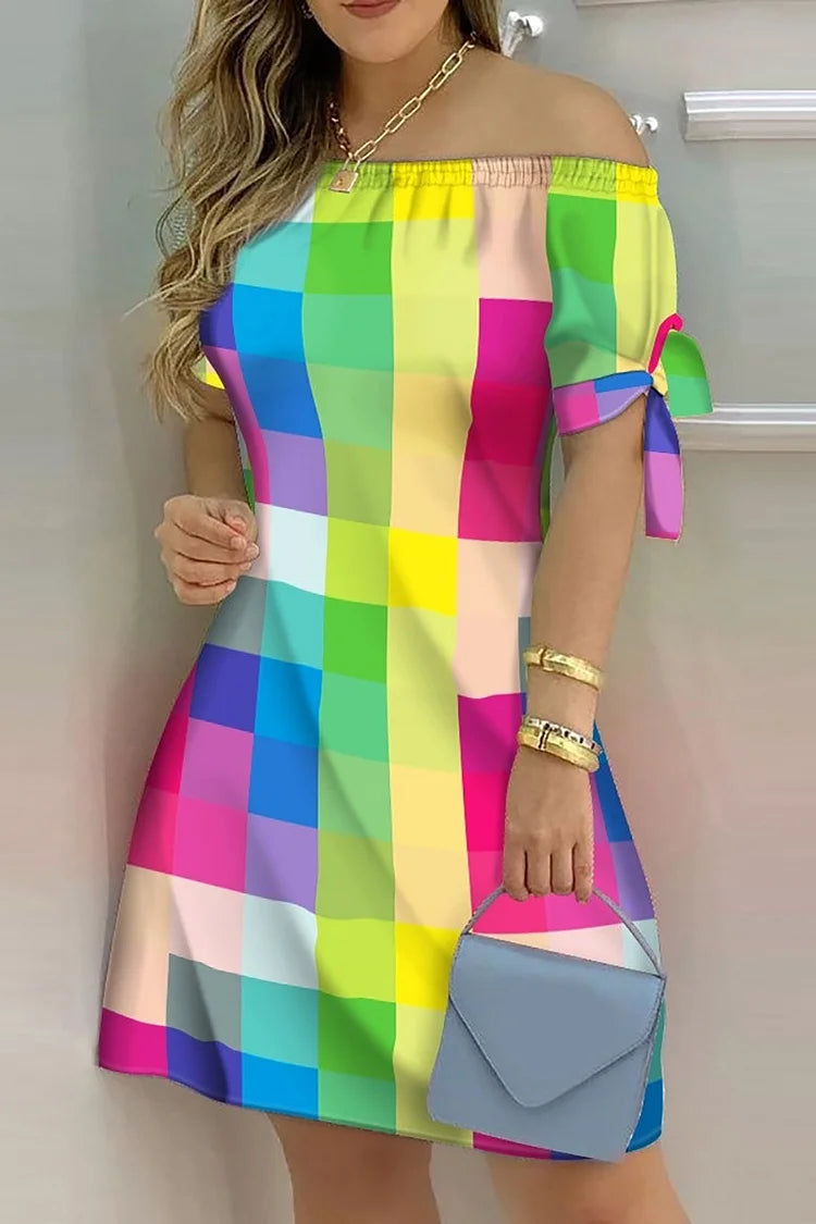 Plus Size Multicolor Daily Rainbow Colorblock Off The Shoulder Mini Dresses