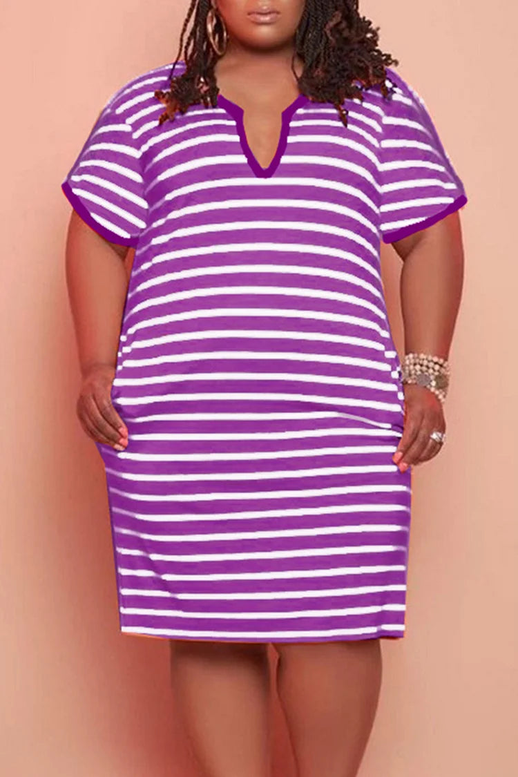 Plus Size Purple Daily Striped V Neck Midi Dress