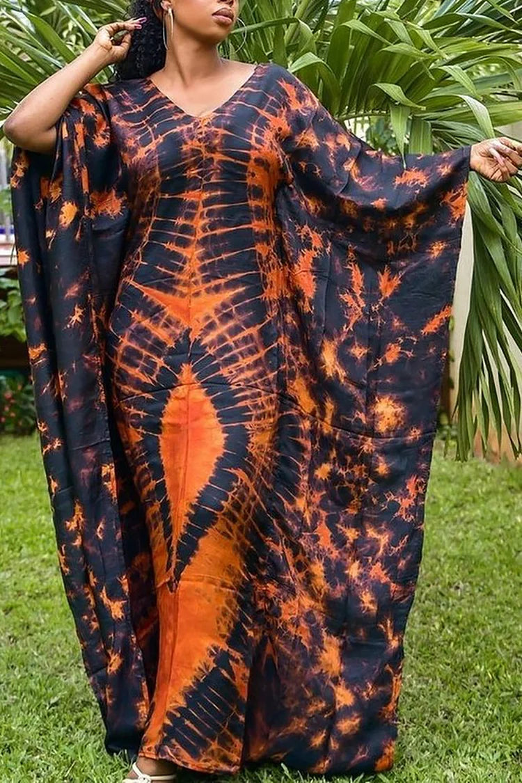 Plus Size Vacation All Over Print Dolman Sleeve Kaftan Maxi Dress