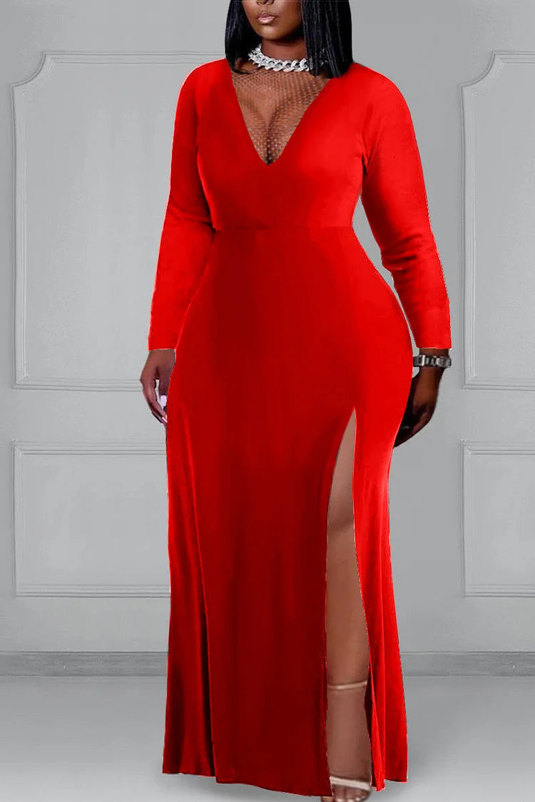 Plus Size Red Valentines Sequin See-Through Long Sleeve High Slit Maxi Dress
