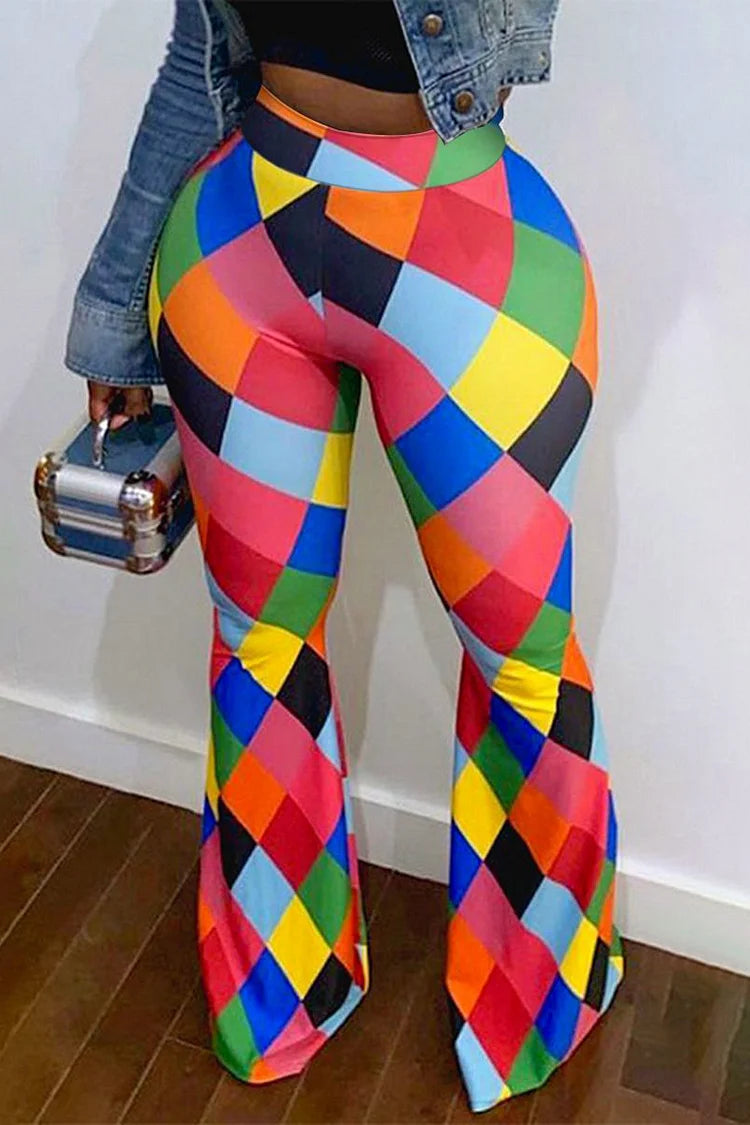Plus Size Daily Multicolor Geometric Print Tight Bootcut Bell Bottom Pants