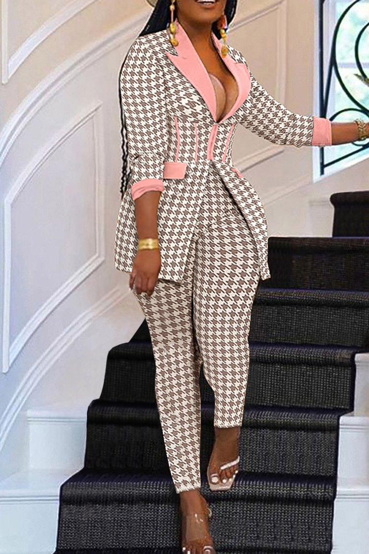 Plus Size Daily Houndstooth Print Patchwork Turndown Collar Long Sleeve Two Pieces Blazer Suit Set