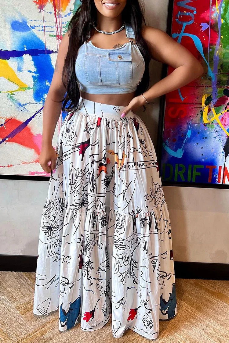 Plus Size White Casual All Over Print Skirts