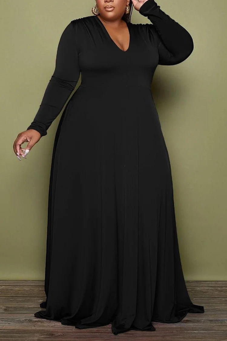 Plus Size Formal Black Pleated V Neck Long Sleeve Maxi Dress