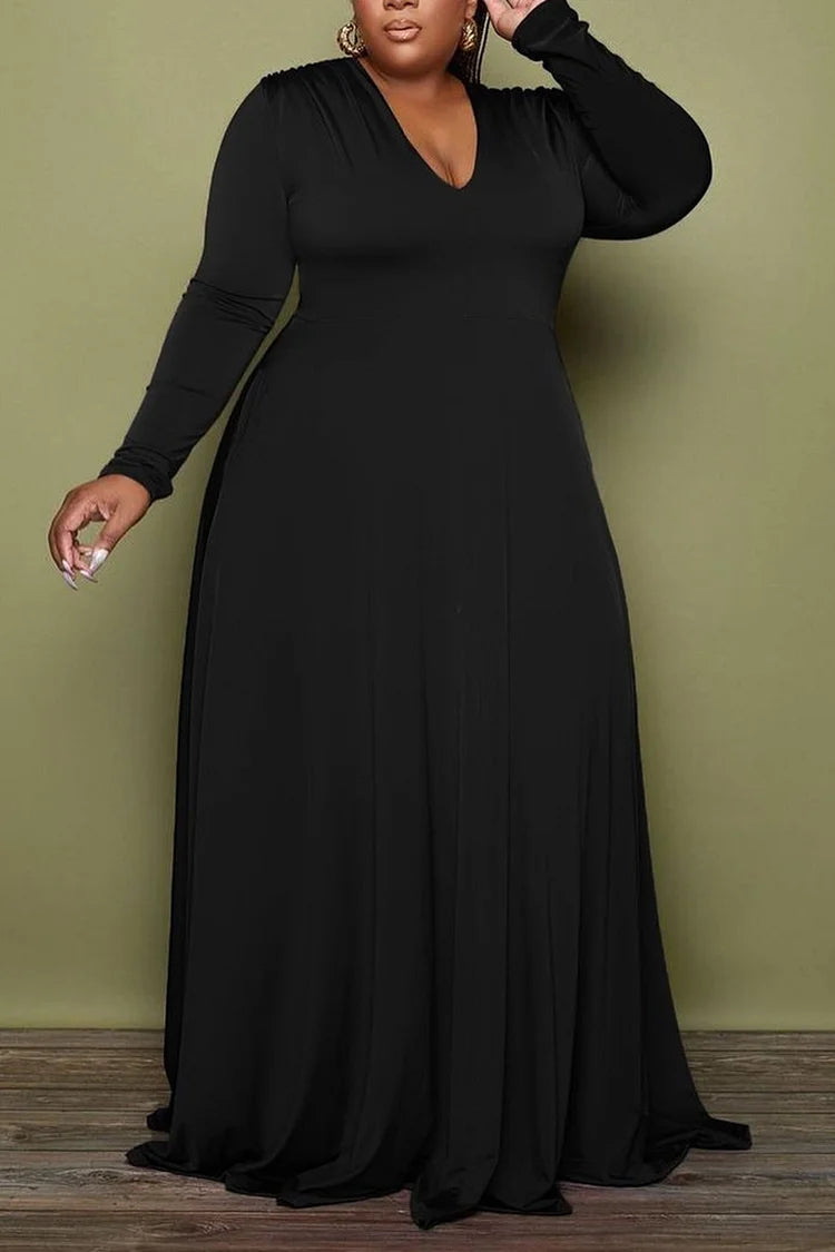 Plus Size Black Maxi Dress Long Sleeve High Slit Black Plus Size