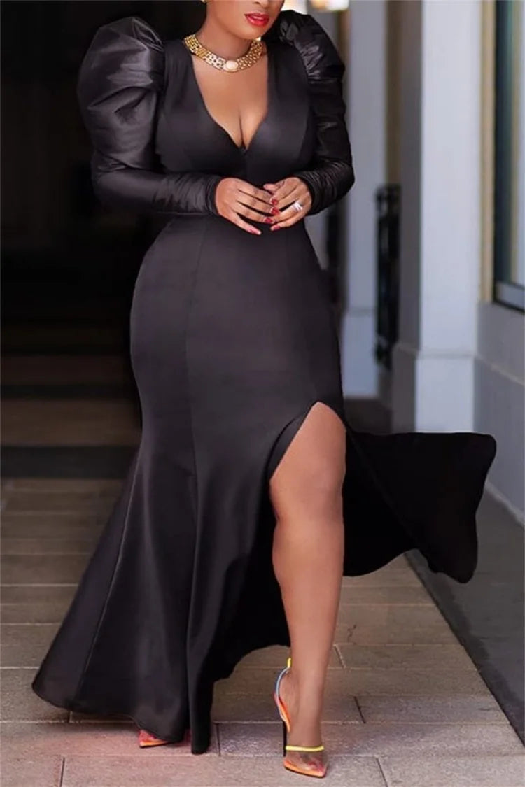 Plus Size Formal Black Elegant High Split Ruffle Hem V Neck Long Sleeves Maxi Dress