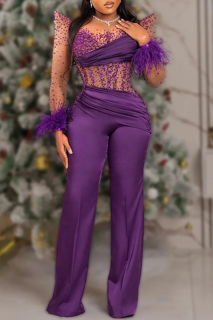 Plus Size Party Purple Feather Mesh Sequin Jumpsuits