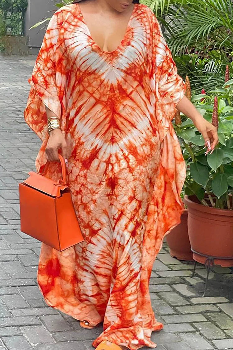 Plus Size Orange Daily Tie Dye Print Ruffle Sleeve Kaftan Maxi Dress