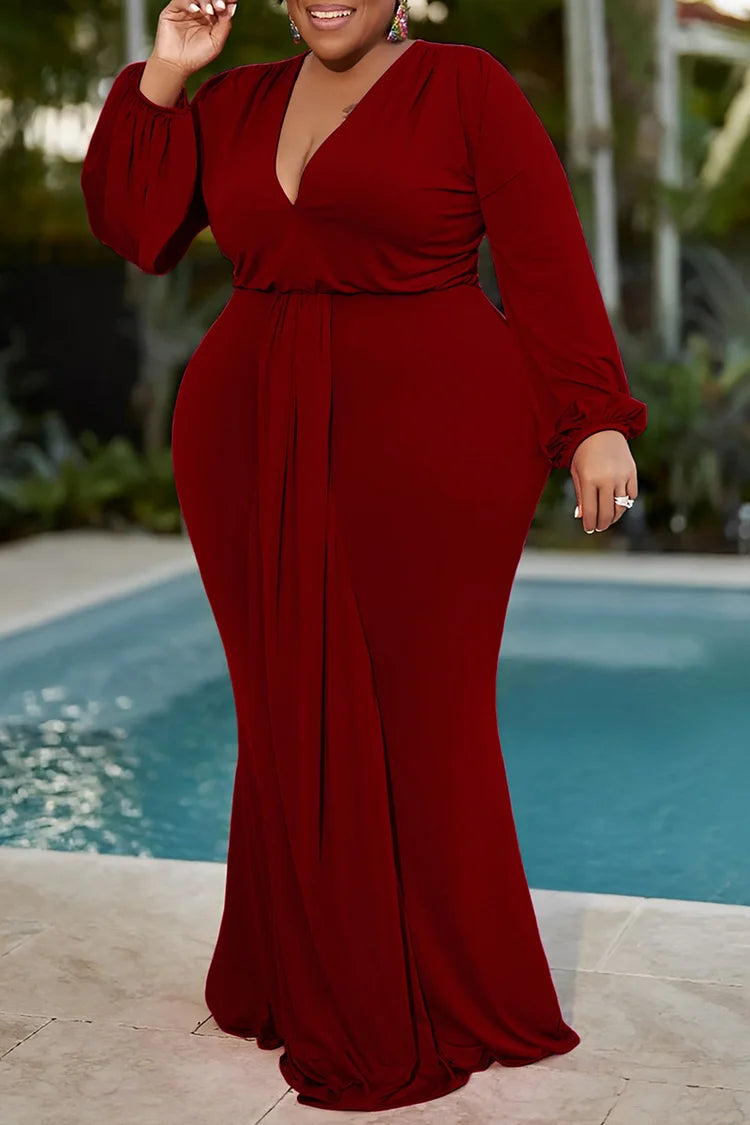 Plus Size Casual V Neck Long Sleeve Burgundy Maxi Dresses